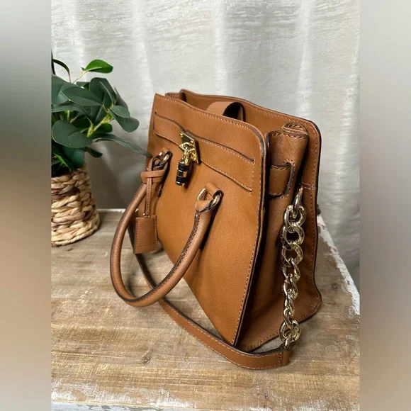 Authentic Michael Kors Hamilton Saffiano Tan Leather Sachel with lock and key